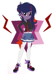 Size: 1280x1680 | Tagged: safe, artist:miidnightsparkle, derpibooru import, oc, oc only, oc:night sparkle, equestria girls, base used, clothes, cutie mark background, ear piercing, earring, female, hand on hip, jacket, jewelry, leggings, mary janes, offspring, parent:fluttershy, parent:king sombra, parents:sombrashy, piercing, shoes, simple background, skirt, smiling, solo, transparent background