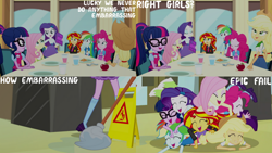 Size: 1280x720 | Tagged: safe, derpibooru import, edit, edited screencap, editor:quoterific, screencap, applejack, fluttershy, pinkie pie, rainbow dash, rarity, sci-twi, sunset shimmer, twilight sparkle, epic fails (equestria girls), eqg summertime shorts, equestria girls, applejack's hat, belt, boots, bracelet, clothes, cowboy hat, cutie mark on clothes, denim skirt, eyes closed, female, glasses, hairpin, hat, humane five, humane seven, humane six, jacket, jewelry, leather, leather jacket, open mouth, open smile, ponytail, shoes, skirt, smiling, text