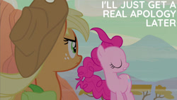 Size: 1280x720 | Tagged: safe, derpibooru import, edit, edited screencap, editor:quoterific, screencap, applejack, pinkie pie, earth pony, pony, season 2, the last roundup, applejack's hat, bag, clothes, cowboy hat, duo, eyes closed, female, hat, mare, saddle bag, text