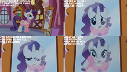 Size: 1280x720 | Tagged: safe, derpibooru import, edit, edited screencap, editor:quoterific, screencap, rarity, pony, unicorn, season 1, suited for success, carousel boutique, clothes, dress, female, mare, mirror, open mouth, rarity being rarity, reflection, solo, text