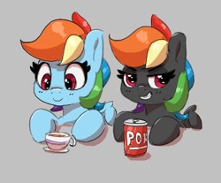 Size: 354x293 | Tagged: safe, artist:pabbley, derpibooru import, rainbow dash, pegasus, pony, cup, duo, female, gray background, grin, mare, simple background, smiling, smirk, soda can, teacup