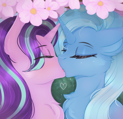 Size: 2000x1936 | Tagged: safe, artist:munrei, derpibooru import, starlight glimmer, trixie, pony, unicorn, bust, cherry blossoms, chest fluff, eyes closed, female, flower, flower blossom, horn, kissing, lesbian, love, portrait, shipping, startrix