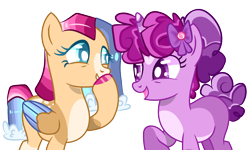 Size: 1500x900 | Tagged: safe, artist:goldlines005, derpibooru import, oc, oc only, pegasus, pony, unicorn, base used, bow, duo, eyelashes, female, hair bow, hoof polish, horn, laughing, magical lesbian spawn, mare, offspring, parent:fluttershy, parent:pinkie pie, parent:rainbow dash, parent:twilight sparkle, parents:flutterdash, parents:twinkie, pegasus oc, smiling, unicorn oc