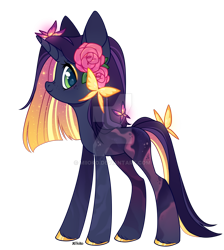 Size: 1024x1145 | Tagged: safe, artist:miioko, derpibooru import, oc, oc only, pony, unicorn, deviantart watermark, female, flower, flower in hair, mare, obtrusive watermark, rose, smiling, solo, watermark