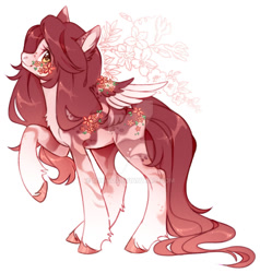 Size: 1024x1074 | Tagged: safe, artist:miioko, derpibooru import, oc, oc only, pegasus, pony, chest fluff, colored wings, deviantart watermark, eyelashes, female, mare, obtrusive watermark, pegasus oc, raised hoof, raised leg, simple background, smiling, solo, two toned wings, unshorn fetlocks, watermark, white background, wings