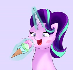 Size: 2048x1962 | Tagged: safe, artist:zeon_starlight, derpibooru import, starlight glimmer, pony, unicorn, bust, female, food, horn, ice cream, magic, magic aura, mare, open mouth, portrait, simple background, solo, starry eyes, telekinesis, wingding eyes