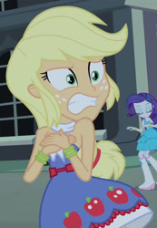 Size: 1250x1811 | Tagged: safe, derpibooru import, screencap, applejack, rarity, equestria girls, equestria girls (movie), bare shoulders, cropped, fall formal outfits, sleeveless, strapless