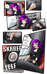 Size: 2400x3800 | Tagged: safe, artist:sjmarts, derpibooru import, rarity, human, equestria girls, bus, clothes, comic, comic page, crossover, driving, high heels, humanized, pedal, road rage, seat, shoes, solo, spice girls, spice world, steering wheel, stiletto heels