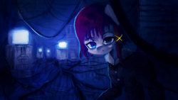 Size: 1920x1080 | Tagged: safe, artist:menalia, derpibooru import, pony, cable, cables, clothes, computer, dark room, female, glowing, hairclip, hoodie, lain iwakura, looking at you, ponified, serial experiments lain, solo, wallpaper, wires