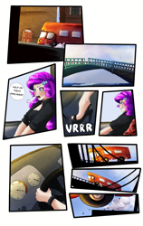 Size: 2400x3800 | Tagged: safe, artist:sjmarts, derpibooru import, rarity, human, equestria girls, bridge, bus, clothes, comic, comic page, crossover, driving, high heels, humanized, jumping, pedal, road rage, seat, shoes, solo, speedometer, spice girls, spice world, steering wheel, stiletto heels