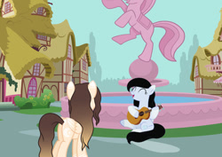 Size: 1126x795 | Tagged: safe, artist:cindydreamlight, derpibooru import, oc, oc only, oc:cindy, oc:lucy ghost, pegasus, pony, female, fountain, guitar, mare, musical instrument