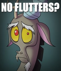 Size: 667x776 | Tagged: safe, artist:syscod, derpibooru import, discord, draconequus, bust, frown, implied fluttershy, male, meme, no bitches?, solo