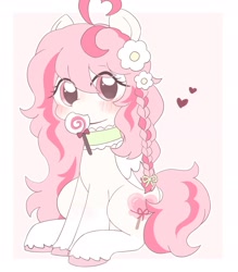Size: 1669x1902 | Tagged: safe, artist:ginmaruxx, derpibooru import, oc, oc only, earth pony, pony, candy, commission, cute, earth pony oc, eye clipping through hair, female, flower, flower in hair, food, heart, lollipop, looking at you, mare, mouth hold, ocbetes, sitting, solo