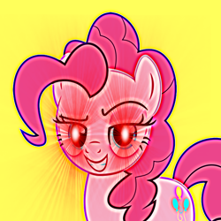 Size: 2048x2048 | Tagged: artist needed, safe, derpibooru import, pinkie pie, earth pony, pony, eye beams, female, grin, high res, lidded eyes, mare, meme, mr. incredible, mr. incredible becoming canny, raised eyebrow, simple background, smiling, solo, yellow background