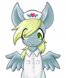 Size: 1600x1900 | Tagged: safe, artist:zemlya, derpibooru import, derpy hooves, pegasus, pony, cute, derp, derpabetes, eye clipping through hair, female, hat, heart, looking at you, mare, nurse hat, nurse outfit, simple background, solo, spread wings, white background, wings