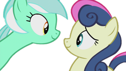 Size: 1280x720 | Tagged: safe, derpibooru import, edit, edited screencap, screencap, bon bon, lyra heartstrings, sweetie drops, earth pony, pony, unicorn, season 5, slice of life (episode), background removed, duo, duo female, eye contact, female, looking at each other, looking at someone, mare, not a vector, simple background, smiling, transparent background, two toned mane