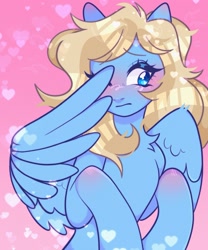 Size: 1619x1943 | Tagged: safe, artist:honeycrows, derpibooru import, oc, oc:lusty symphony, pegasus, pony, blushing, chest fluff, cute, female, heart, mare, ocbetes, one eye closed, pegasus oc, simple background, solo, wing hands, wings