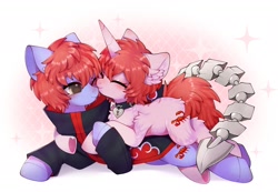 Size: 2000x1386 | Tagged: safe, artist:snow angel, derpibooru import, oc, oc only, pony, unicorn, akatsuki, clothes, cuddling, cute, duo, eyes closed, fluffy, horn, lying down, lying on top of someone, naruto, ocbetes, one eye closed, ponified, sasori