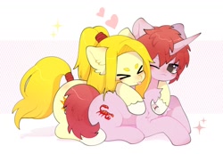 Size: 1200x832 | Tagged: safe, artist:snow angel, derpibooru import, oc, oc only, earth pony, pony, unicorn, ><, cuddling, cute, duo, eyes closed, heart, horn, lying down, lying on top of someone, ocbetes, one eye closed, sparkles, tongue, tongue out, underhoof