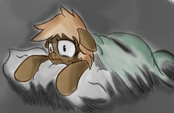 Size: 900x588 | Tagged: safe, artist:muggyheatwave, derpibooru import, oc, oc:forty winks, 2012, bed, blanket, frown, insomnia, lying down, lying on bed, on bed, pillow, prone