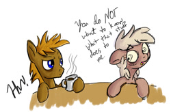 Size: 900x591 | Tagged: safe, artist:muggyheatwave, derpibooru import, oc, oc:forty winks, oc:frumplebean, 2013, coffee, coffee mug, drinking, insomnia, looking at each other, looking at someone, mug, sleepy, table, tired