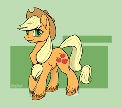 Size: 1350x1200 | Tagged: safe, artist:glassygreatart, derpibooru import, applejack, earth pony, pony, abstract background, applejack's hat, clothes, cowboy hat, ear fluff, ears, female, full body, hat, hooves, mare, signature, smiling, solo, standing, tail, unshorn fetlocks