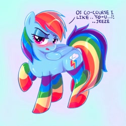 Size: 2000x2000 | Tagged: safe, artist:mediocremare, derpibooru import, rainbow dash, pegasus, pony, blue background, blushing, blushing profusely, clothes, cute, dashabetes, female, mare, rainbow socks, raised hoof, raised leg, shy, simple background, socks, solo, speech, stockings, striped socks, talking, thigh highs