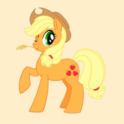 Size: 2000x2000 | Tagged: safe, artist:mediocremare, derpibooru import, applejack, earth pony, pony, applejack's hat, clothes, cowboy hat, female, freckles, full body, hat, high res, hooves, looking at you, mare, one eye closed, raised hoof, raised leg, simple background, smiling, solo, standing, straw in mouth, tail, tan background