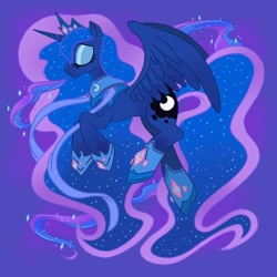 Size: 2000x2000 | Tagged: safe, artist:mediocremare, derpibooru import, princess luna, alicorn, pony, ethereal mane, ethereal tail, eyes closed, female, jewelry, mare, purple background, regalia, sad, simple background, solo, spread wings, starry mane, starry tail, tail, wings