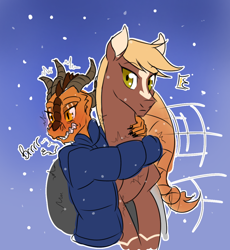 Size: 1102x1200 | Tagged: safe, artist:redahfuhrerking, derpibooru import, oc, oc only, oc:sila, dragon, horse, clothes, hug, jacket, tfh oc