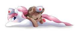 Size: 1023x431 | Tagged: safe, artist:lolepopenon, derpibooru import, nurse redheart, oc, earth pony, pony, duo, female, hat, lying down, lying on top of someone, mare, nurse hat, prone, simple background, transparent background