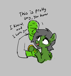 Size: 423x454 | Tagged: safe, ponerpics import, oc, oc:anon, oc:anon filly, earth pony, pony, aggie.io, dialogue, female, filly, foal, happy, hug, i love you, jewelry, lowres, married, married couple, open mouth, ring, simple background, smiling, talking