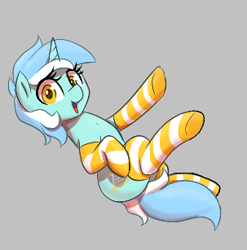 Size: 303x307 | Tagged: safe, artist:thebatfang, ponerpics import, lyra heartstrings, pony, unicorn, aggie.io, clothes, female, lowres, mare, on back, open mouth, simple background, smiling, socks