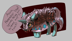 Size: 570x328 | Tagged: safe, artist:rhorse, ponerpics import, lyra heartstrings, pony, unicorn, aggie.io, armor, dialogue, implied anon, simple background, speech bubble