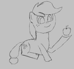 Size: 547x509 | Tagged: safe, ponerpics import, applejack, earth pony, pony, aggie.io, apple, female, food, mare, monochrome, simple background, sitting, smiling