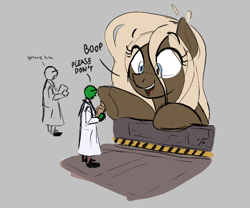 Size: 586x488 | Tagged: safe, artist:anontheanon, ponerpics import, oc, oc only, earth pony, pony, aggie.io, boop, clipboard, clothes, dialogue, female, lab coat, macro, mare, open mouth, scientist, simple background, smiling, talking