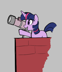 Size: 409x479 | Tagged: safe, ponerpics import, twilight sparkle, unicorn twilight, pony, unicorn, aggie.io, female, mare, open mouth, raised hoof, raised leg, simple background, smiling, telescope