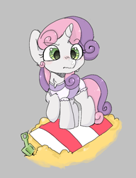 Size: 562x733 | Tagged: safe, artist:mushy, ponerpics import, sweetie belle, pony, unicorn, aggie.io, beach towel, blushing, clothes, female, mare, raised hoof, raised leg, sand, shovel, simple background, sunscreen, swimsuit