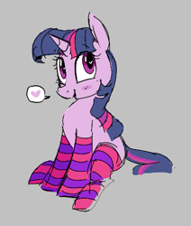 Size: 384x453 | Tagged: safe, artist:hattsy, ponerpics import, twilight sparkle, unicorn twilight, pony, unicorn, aggie.io, blushing, clothes, female, heart, heart eyes, looking away, mare, open mouth, simple background, sitting, smiling, socks, wingding eyes