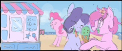 Size: 427x179 | Tagged: safe, artist:hattsy, ponerpics import, pinkie pie, oc, oc:hattsy, oc:kayla, earth pony, pony, aggie.io, beach, eating, eyes closed, female, food, happy, ice cream, lowres, mare, open mouth, smiling