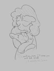 Size: 462x604 | Tagged: safe, ponerpics import, applejack, pear butter, earth pony, pony, aggie.io, dialogue, eyes closed, female, hug, lowres, mare, monochrome, simple background, smiling