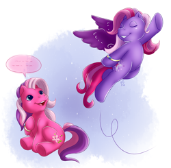 Size: 2000x1956 | Tagged: safe, artist:shini-smurf, derpibooru import, cheerilee (g3), starsong, earth pony, pegasus, g3, cheerisong, dancing, flying, jewelry, ring, shipping, simple background, speech bubble, wedding ring