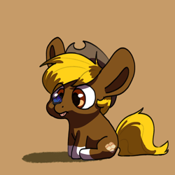 Size: 1840x1840 | Tagged: safe, artist:aliceg, oc, oc only, oc:acres, butterfly, earth pony, pony, blepping, blonde, blonde mane, blonde tail, brown coat, coat markings, colt, cowboy hat, cute, ears, earth pony oc, featured image, large ears, male, simple background, sitting, socks (coat marking), tongue, tongue out, ych result