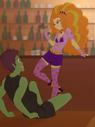 Size: 5233x7030 | Tagged: safe, artist:carnifex, derpibooru import, adagio dazzle, oc, oc:protein shake, comic:we will be adored, equestria girls, alternate clothes, bar, clothes, disguise, disguised siren, gem, imminent violence, looking at each other, looking at someone, siren gem, skirt, threatening