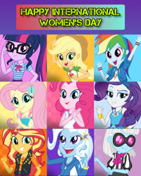 Size: 1920x2400 | Tagged: safe, derpibooru import, edit, edited screencap, editor:itsmgh1203, screencap, applejack, fluttershy, photo finish, pinkie pie, rainbow dash, rarity, sci-twi, sunset shimmer, trixie, twilight sparkle, equestria girls, equestria girls series, applejack's hat, bowtie, bracelet, clothes, cowboy hat, cutie mark on clothes, female, geode of empathy, geode of fauna, geode of shielding, geode of sugar bombs, geode of super speed, geode of super strength, geode of telekinesis, glasses, grin, hairpin, hat, high res, hoodie, humane five, humane seven, humane six, international women's day, jewelry, magical geodes, necklace, open mouth, open smile, ponytail, rarity peplum dress, smiling, tanktop, women's day