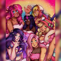 Size: 1280x1280 | Tagged: safe, artist:artsbysmarty, derpibooru import, applejack, fluttershy, pinkie pie, rainbow dash, rarity, twilight sparkle, human, g4, blushing, choker, dark skin, detailed background, female, group, hat, humanized, jewelry, lipstick, looking at you, looking up, mane six, open mouth, ring, smiling, teeth