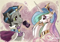 Size: 2048x1431 | Tagged: safe, artist:duvivi, derpibooru import, idw, king sombra, princess celestia, alicorn, pony, unicorn, reflections, celestibra, crown, crying, cute, cutelestia, engagement ring, female, good end, good king sombra, heart, heart background, hoof over mouth, i can't believe it's not idw, jewelry, levitation, lidded eyes, magic, male, mare, marriage proposal, regalia, ring, shipping, smiling, sombradorable, stallion, straight, style emulation, sweet dreams fuel, tears of joy, telekinesis