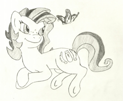 Size: 691x568 | Tagged: safe, artist:note-sketch, derpibooru import, oc, oc:milky way, butterfly, earth pony, female, lying down, mare, monochrome, requested art, sketch, solo