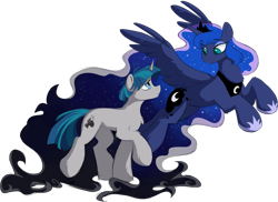 Size: 2603x1895 | Tagged: safe, artist:crimmharmony, derpibooru import, princess luna, stygian, alicorn, unicorn, duo, looking at each other, looking at someone, simple background, spread wings, transparent background, wings