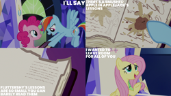 Size: 1280x720 | Tagged: safe, derpibooru import, edit, edited screencap, editor:quoterific, screencap, fluttershy, pinkie pie, rainbow dash, earth pony, pegasus, pony, fame and misfortune, season 7, female, flying, implied applejack, mare, open mouth, open smile, smiling, spread wings, text, twilight's castle, wings